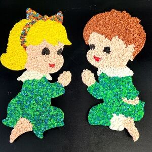 Vintage melted plastic popcorn wall hangers Christmas boy and girl